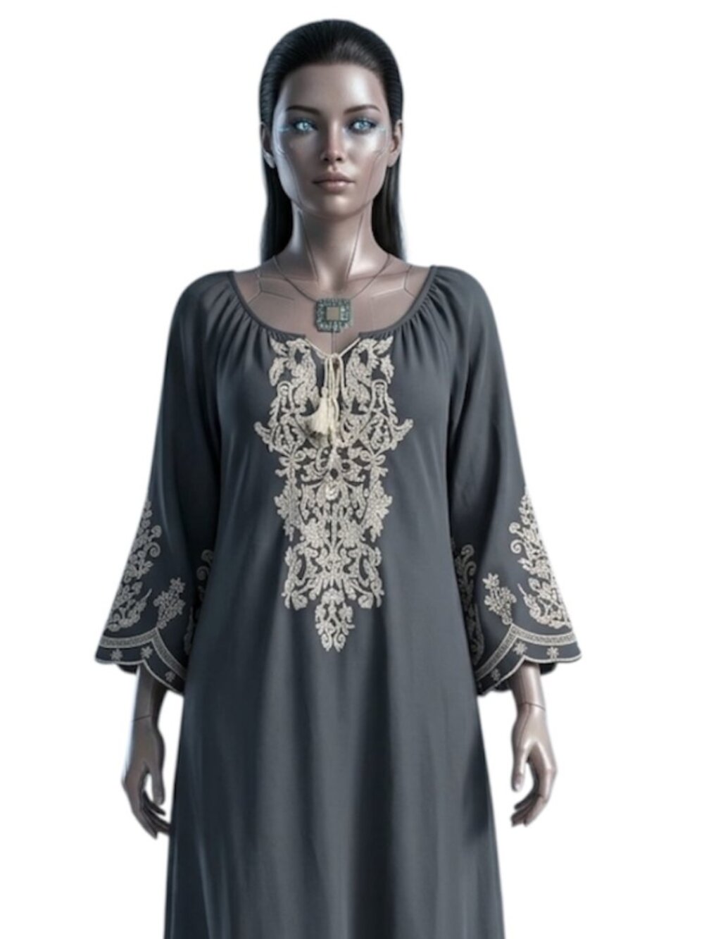 CHIC CONNECTION Boho Dress Women's Size Medium Gray White Embroidery Bell Sleeve